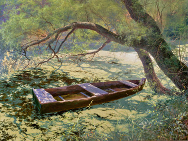 Painting titled "Пустая лодка." by Iurii Klapoukh, Original Artwork, Oil