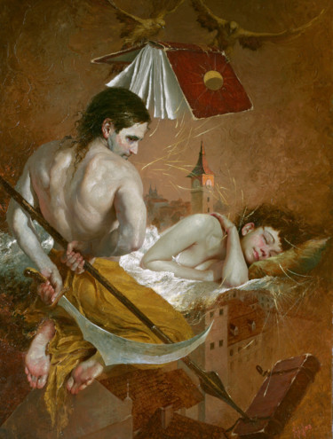 Schilderij getiteld "Хранитель снов." door Iurii Klapoukh, Origineel Kunstwerk, Olie