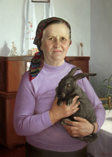 Картина под названием "Женщина с кроликом." - Юрий Клапоух, Подлинное произведение искусства, Масло