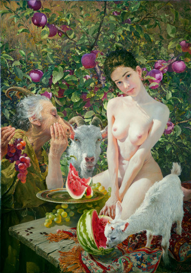 Painting titled "Смелая невеста." by Iurii Klapoukh, Original Artwork, Oil