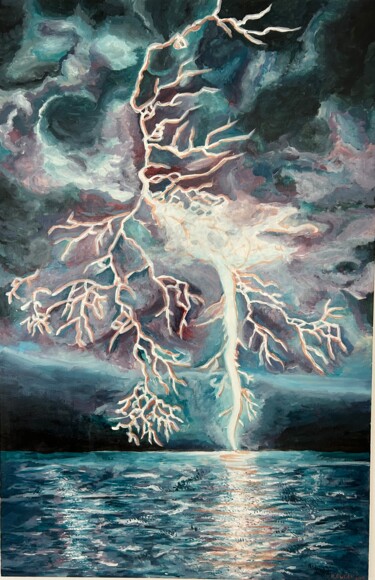 Malarstwo zatytułowany „Nocne pioruny” autorstwa Klaudia Dudek, Oryginalna praca, Akryl Zamontowany na Drewniana rama noszy