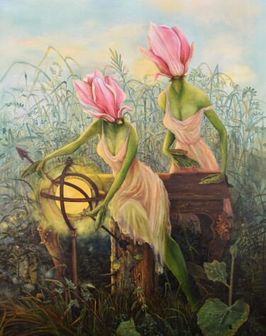 Schilderij getiteld ""Sfera ciał zielony…" door Klaudia Karasek, Origineel Kunstwerk, Olie Gemonteerd op Houten paneel