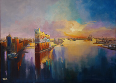 Painting titled "Hamburg Hafen" by Klaus Krege, Original Artwork, Oil Mounted on Wood Stretcher frame