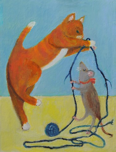 Peinture intitulée "Poes en muis spelen…" par Klazien De Vries, Œuvre d'art originale, Huile