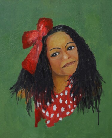 Painting titled "The Red Ribbon" by Klazien De Vries, Original Artwork, Oil