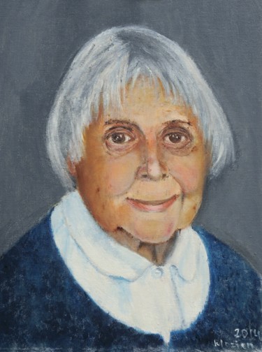 Schilderij getiteld "Smiling Old Lady" door Klazien De Vries, Origineel Kunstwerk