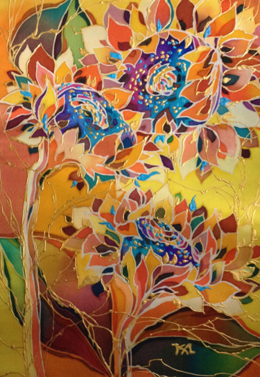 Textilkunst mit dem Titel "Batik painting "Sun…" von Lidia Cravcenco, Original-Kunstwerk, Stoff