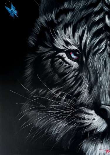 Malarstwo zatytułowany „Tigre Bicolore” autorstwa Klowè, Oryginalna praca, Akryl Zamontowany na Drewniana rama noszy