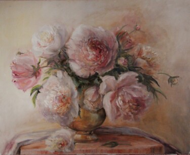 Painting titled "White peonies" by Christina Lao, Original Artwork, Oil
