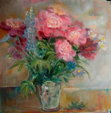 Painting titled "Lupins and peonies" by Christina Lao, Original Artwork, Oil