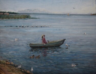 Painting titled "Girl in The boat" by Christina Lao, Original Artwork, Oil