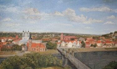 Painting titled "Kaunas old sity" by Christina Lao, Original Artwork, Oil Mounted on Wood Stretcher frame