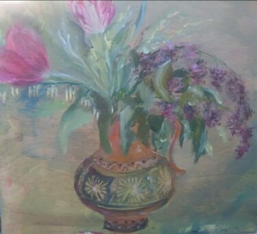 Painting titled "Tulips and lilacs" by Christina Lao, Original Artwork, Oil