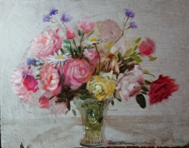 Painting titled "Roses and verbenas" by Christina Lao, Original Artwork, Oil