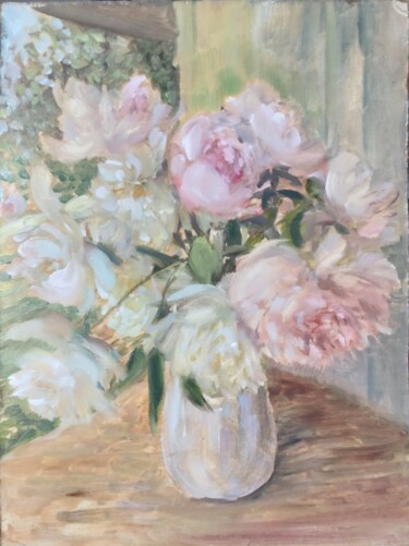 Painting titled "White peonies in th…" by Christina Lao, Original Artwork, Oil