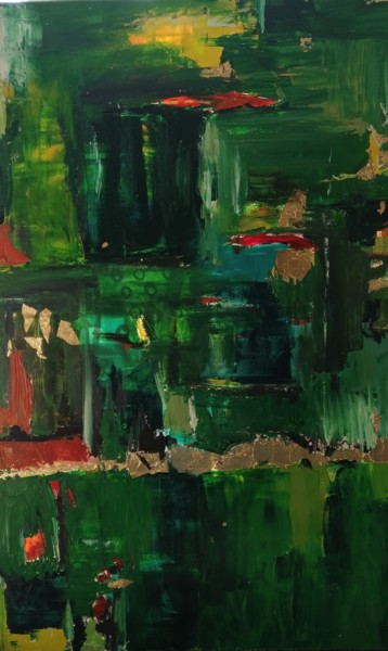 Painting titled "Abstrait vert et or" by Claire Ferrari (klrferr), Original Artwork, Oil
