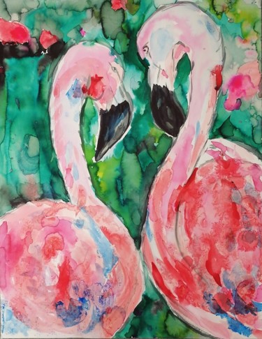 Pintura intitulada "Les flamants rose" por Claire Ferrari (klrferr), Obras de arte originais, Tinta