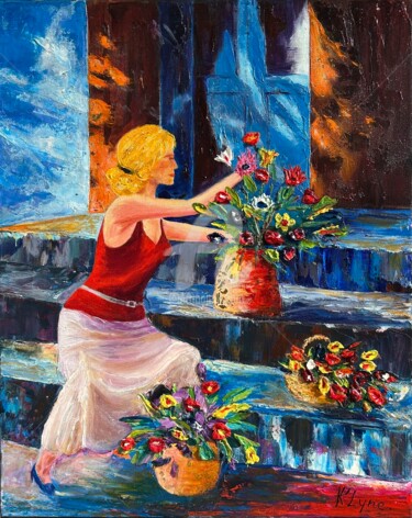 Peinture intitulée "Jeune fille aux fle…" par K’Lyne, Œuvre d'art originale, Acrylique