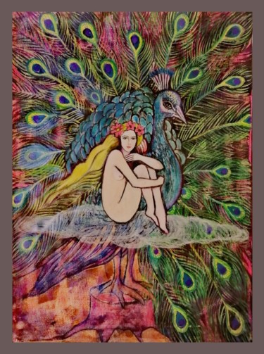 Картина под названием "Девушка и павлин/Gi…" - Анна Клюева, Подлинное произведение искусства, Акварель