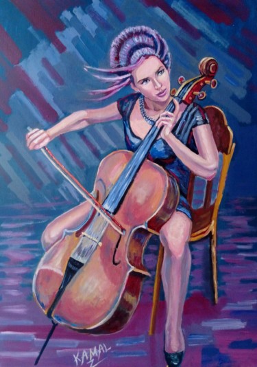 Peinture intitulée "The cello player" par Kamal Alzghair, Œuvre d'art originale, Huile