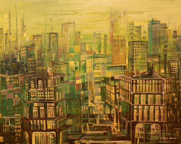 Painting titled "Green City" by Knkush Yesoyan, Original Artwork, Oil