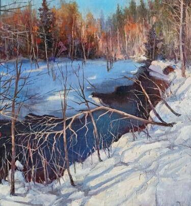 Malerei mit dem Titel "Зимний пейзаж-2..." von Denis Konotop, Original-Kunstwerk, Öl Auf Holzplatte montiert
