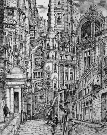 Drawing titled "urbanite 2" by Koen De Weerdt, Original Artwork, Ink Mounted on Other rigid panel