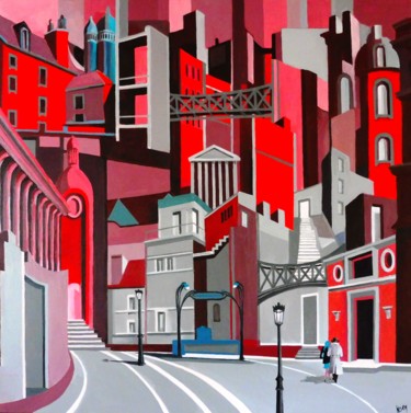 Painting titled "Red City 2" by Koen De Weerdt, Original Artwork, Acrylic Mounted on Wood Stretcher frame