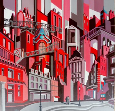 Malarstwo zatytułowany „Red City 1” autorstwa Koen De Weerdt, Oryginalna praca, Akryl Zamontowany na Drewniana rama noszy