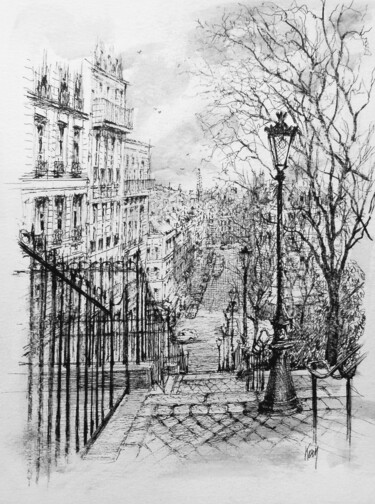 Zeichnungen mit dem Titel "Paris Montmartre 1" von Koen De Weerdt, Original-Kunstwerk, Tinte Auf Andere starre Platte montie…