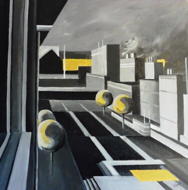 Картина под названием "Grey Urban landscape" - Koen De Weerdt, Подлинное произведение искусства, Акрил Установлен на Деревян…
