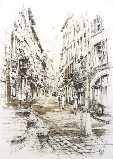 Рисунок под названием "Genève Grand'Rue" - Koen De Weerdt, Подлинное произведение искусства, Чернила Установлен на Другая же…
