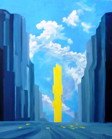 Painting titled "Totemic Times Square" by Koen De Weerdt, Original Artwork, Acrylic Mounted on Wood Stretcher frame