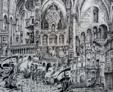 Dibujo titulada "Venise" por Koen De Weerdt, Obra de arte original, Tinta Montado en Bastidor de camilla de madera