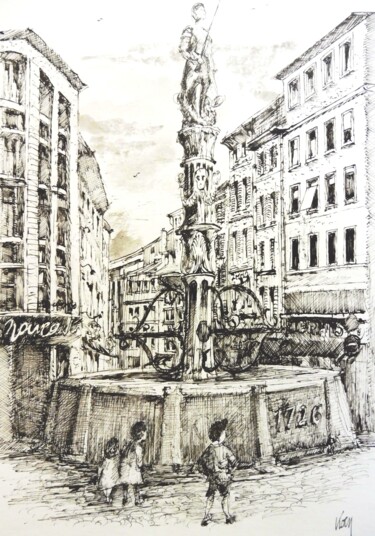 Zeichnungen mit dem Titel "Lausanne Place de l…" von Koen De Weerdt, Original-Kunstwerk, Tinte Auf Andere starre Platte mont…