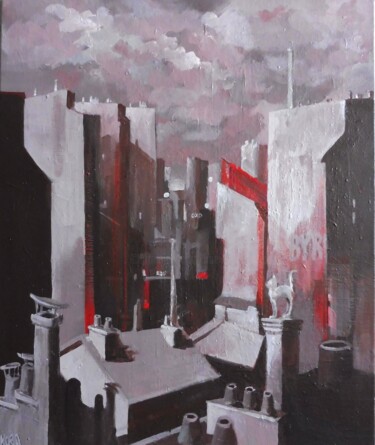 Painting titled "Red City 4" by Koen De Weerdt, Original Artwork, Acrylic Mounted on Wood Stretcher frame