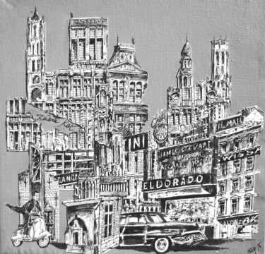 Drawing titled "Bruxelles 2" by Koen De Weerdt, Original Artwork, Ink Mounted on Wood Stretcher frame