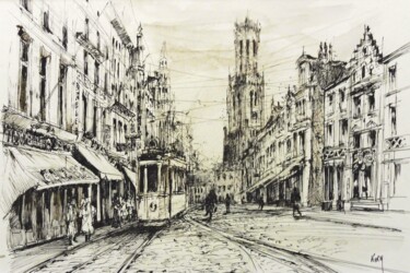 Desenho intitulada "Bruges la rue Flama…" por Koen De Weerdt, Obras de arte originais, Tinta