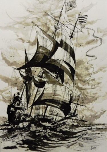 Desenho intitulada "Du vent dans les vo…" por Koen De Weerdt, Obras de arte originais, Tinta