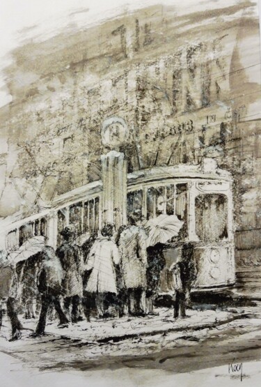 Tekening getiteld "Tram sous la neige" door Koen De Weerdt, Origineel Kunstwerk, Inkt