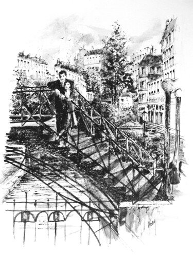 Desenho intitulada "Paris Canal Saint M…" por Koen De Weerdt, Obras de arte originais, Tinta