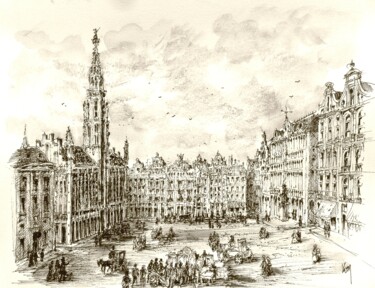 Desenho intitulada "Bruxelles Grand'Pla…" por Koen De Weerdt, Obras de arte originais, Tinta
