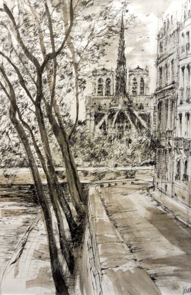 Desenho intitulada "Paris La Seine" por Koen De Weerdt, Obras de arte originais, Tinta