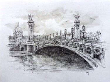 Rysunek zatytułowany „Paris Pont Alexandr…” autorstwa Koen De Weerdt, Oryginalna praca, Atrament