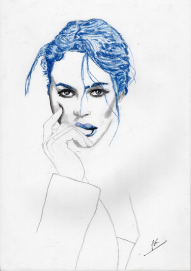 Zeichnungen mit dem Titel "Les cheveux bleus." von Patrick Koenig, Original-Kunstwerk, Kreide