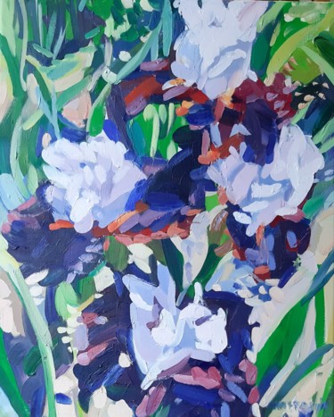 Schilderij getiteld "Irises" door Anastasija, Origineel Kunstwerk, Olie