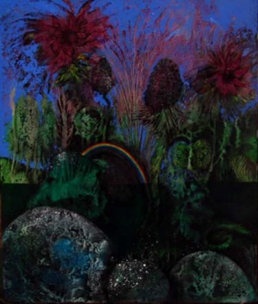 Painting titled "Garden with Rainbow" by Mike Healey, Original Artwork