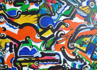 Картина под названием "Love City !" - Kokou Senavon, Подлинное произведение искусства, Акрил Установлен на Деревянная рама д…