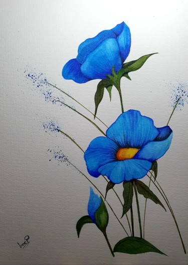 Malarstwo zatytułowany „flores azules” autorstwa Irene Pestana Eliche, Oryginalna praca, Akwarela