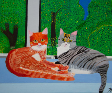 Painting titled "Two cats by a window" by Paz, Original Artwork, Acrylic Mounted on Wood Stretcher frame